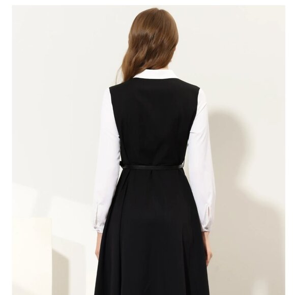 Work Button Front Dress Long Sleeve Contrast Collar Shirtdress - Picture 3 of 6